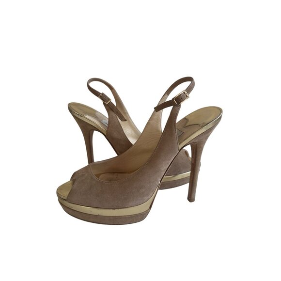 JIMMY CHOO Tan Beige Suede Slingback Heels Size 35.5/5.5 - Picture 3 of 8